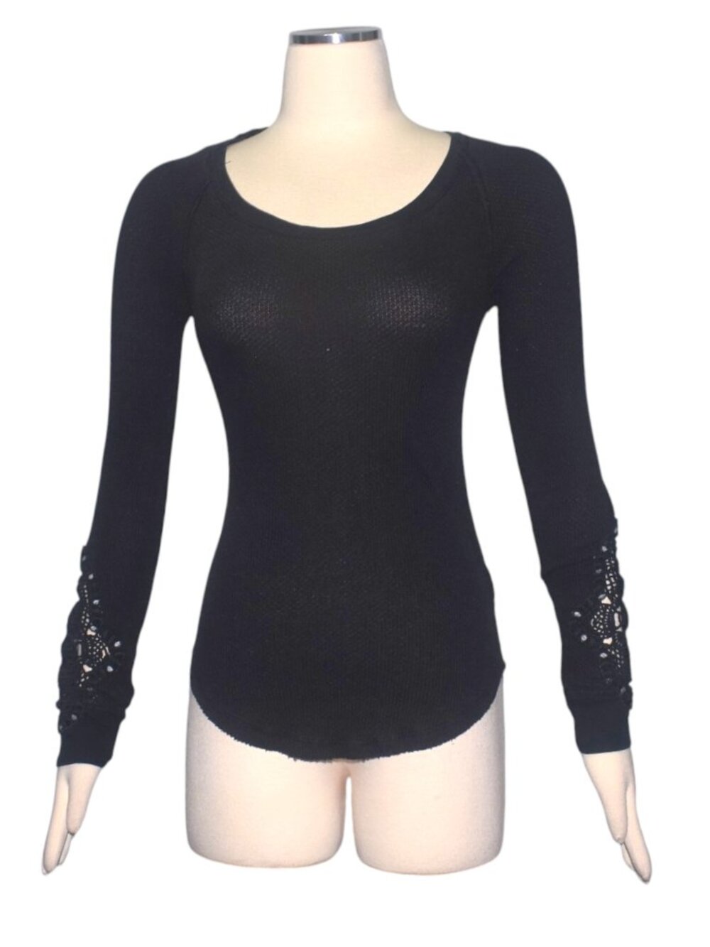 We The Free People Black Synergy Crochet Cuff Thermal Top XS
